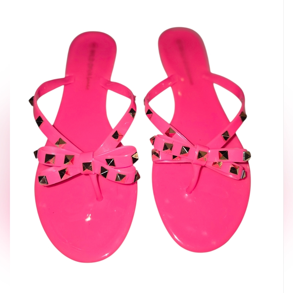 Wild Diva Neon Pink Studded Bow Sandals Flip Flops